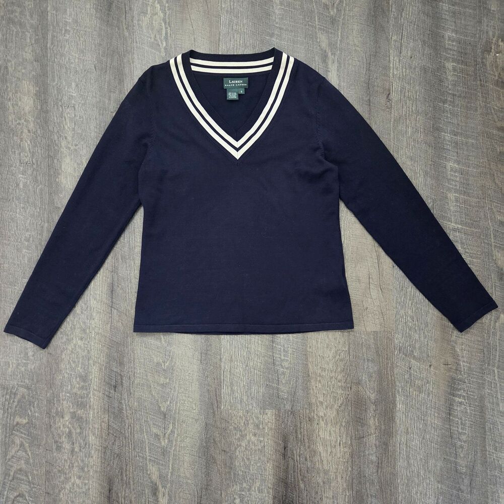 Lauren Ralph Lauren Women's V-Neck Sweater Size Small Blue Silk Blend Preppy